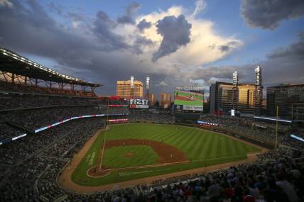 May 13, 2022; Atlanta, Georgia, USA; General view of Truist Park during the fourth inning of a game between the Atlanta Braves and San Diego Padres. Mandatory Credit: Brett Davis-USA TODAY Sports