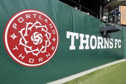 May 18, 2022; Portland, Oregon, USA; Portland Thorns FC logo is pictured at Providence Park. Mandatory Credit: Soobum Im-USA TODAY Sports