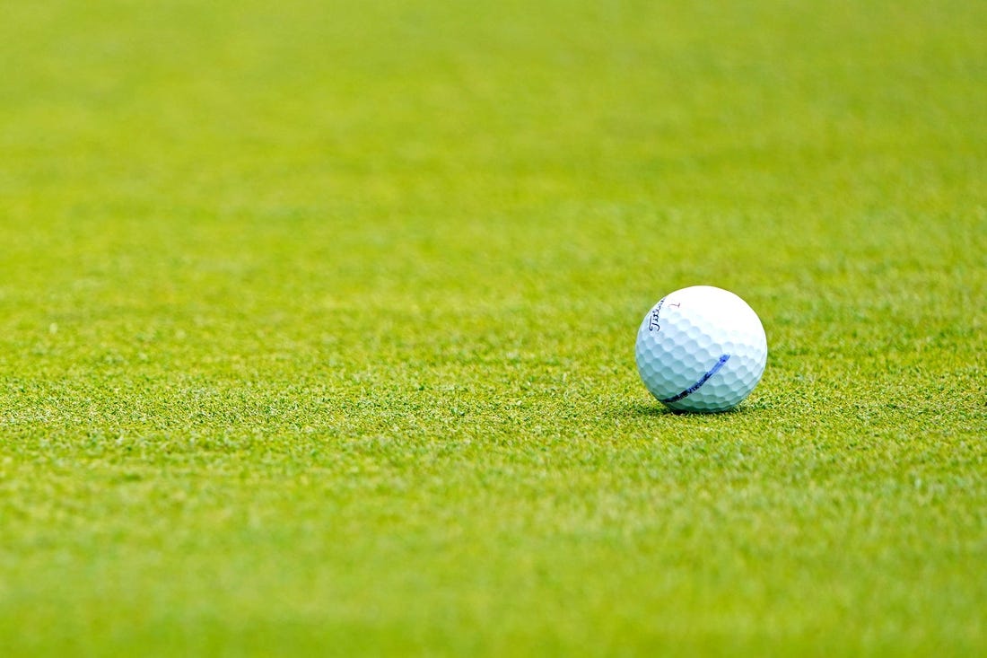 Jun 15, 2022; Brookline, Massachusetts, USA; A view of a ball on the 10th green during a practice round of the U.S. Open golf tournament at The Country Club. Mandatory Credit: John David Mercer-USA TODAY Sports