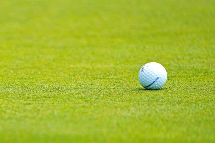 Jun 15, 2022; Brookline, Massachusetts, USA; A view of a ball on the 10th green during a practice round of the U.S. Open golf tournament at The Country Club. Mandatory Credit: John David Mercer-USA TODAY Sports