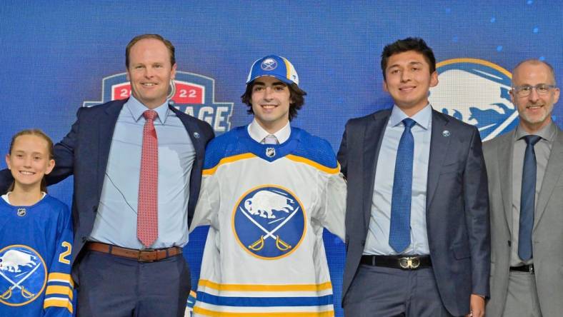 Jul 7, 2022; Montreal, Quebec, CANADA; Matthew Savoie after being selected as the number nine overall pick to the Buffalo Sabres in the first round of the 2022 NHL Draft at Bell Centre. Mandatory Credit: Eric Bolte-USA TODAY Sports