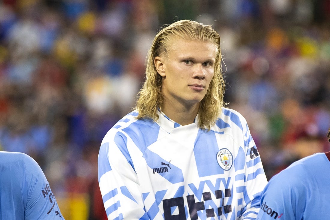 July 23, 2022; Green Bay, WI, USA; Manchester City forward Erling Haaland (9) looks into the crowd after the exhibition match between FC Bayern Munich and Manchester City on Saturday, July 23, 2022 at Lambeau Field in Green Bay, Wis. Mandatory Credit: Samantha Madar-USA TODAY Sports