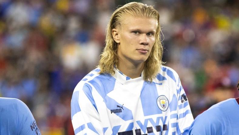 July 23, 2022; Green Bay, WI, USA; Manchester City forward Erling Haaland (9) looks into the crowd after the exhibition match between FC Bayern Munich and Manchester City on Saturday, July 23, 2022 at Lambeau Field in Green Bay, Wis. Mandatory Credit: Samantha Madar-USA TODAY Sports