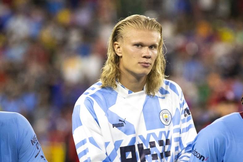 July 23, 2022; Green Bay, WI, USA; Manchester City forward Erling Haaland (9) looks into the crowd after the exhibition match between FC Bayern Munich and Manchester City on Saturday, July 23, 2022 at Lambeau Field in Green Bay, Wis. Mandatory Credit: Samantha Madar-USA TODAY Sports