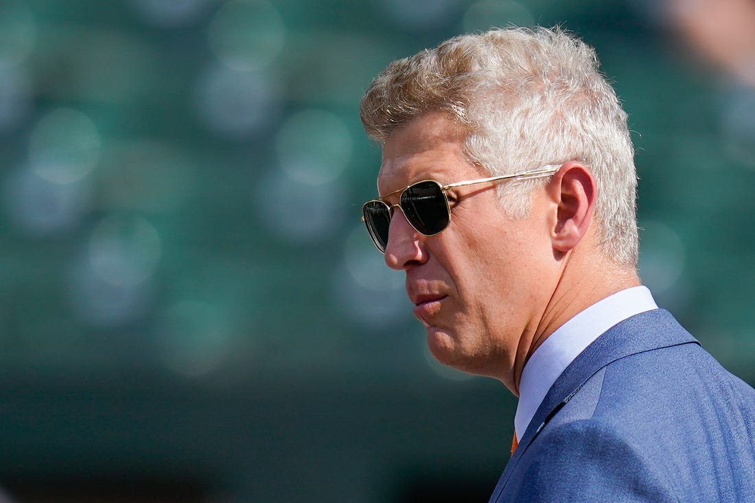 Jul 27, 2022; Baltimore, Maryland, USA; Baltimore Orioles general manager Mike Elias stands oil the field before the game against the Tampa Bay Rays  at Oriole Park at Camden Yards. Mandatory Credit: Tommy Gilligan-USA TODAY Sports