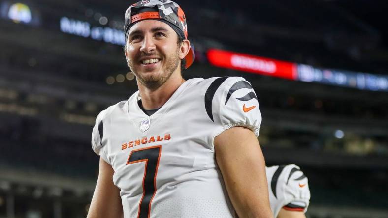 Aug 12, 2022; Cincinnati, Ohio, USA; Cincinnati Bengals quarterback Drew Plitt (7) walks off the field after the game against the Arizona Cardinals at Paycor Stadium. Mandatory Credit: Katie Stratman-USA TODAY Sports