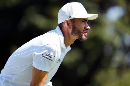 Aug 25, 2022; Columbus, OH, USA; Camilo Villegas watches his tee shot on the 9th hole during Round 1 of the Nationwide Children's Hospital Championship at Scarlet Course in Columbus, Ohio on August 25, 2022.

Ceb Korn Ferry Kwr 23