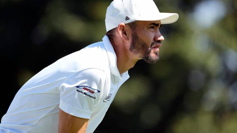 Aug 25, 2022; Columbus, OH, USA; Camilo Villegas watches his tee shot on the 9th hole during Round 1 of the Nationwide Children's Hospital Championship at Scarlet Course in Columbus, Ohio on August 25, 2022.

Ceb Korn Ferry Kwr 23