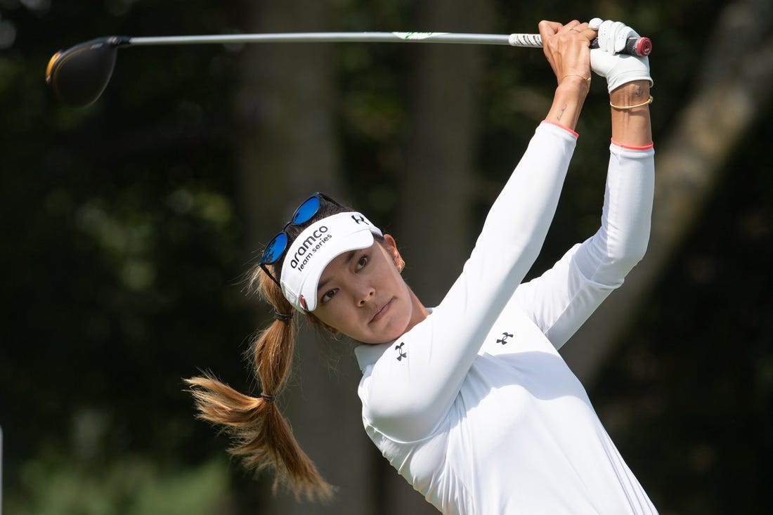 Aug 25, 2022; Ottawa, Ontario, CAN; Alison Lee of the United States tees off during the first round of the CP Women's Open golf tournament. Mandatory Credit: Marc DesRosiers-USA TODAY Sports