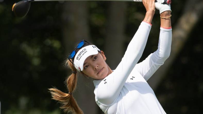 Aug 25, 2022; Ottawa, Ontario, CAN; Alison Lee of the United States tees off during the first round of the CP Women's Open golf tournament. Mandatory Credit: Marc DesRosiers-USA TODAY Sports