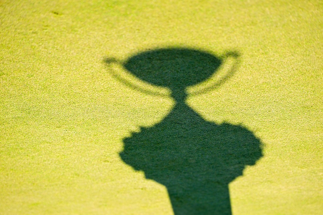 Aug 28, 2022; Atlanta, Georgia, USA; General view of the FedEx Cup trophy   s shadow after the final round of the TOUR Championship golf tournament. Mandatory Credit: Adam Hagy-USA TODAY Sports