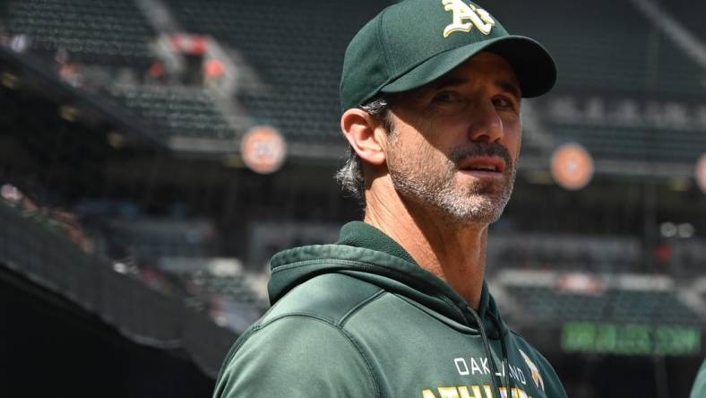 Sep 4, 2022; Baltimore, Maryland, USA;  Oakland Athletics bench coach Brad Ausmus (16) looks onto the field during the first inning against the Baltimore Orioles at Oriole Park at Camden Yards. Mandatory Credit: Tommy Gilligan-USA TODAY Sports