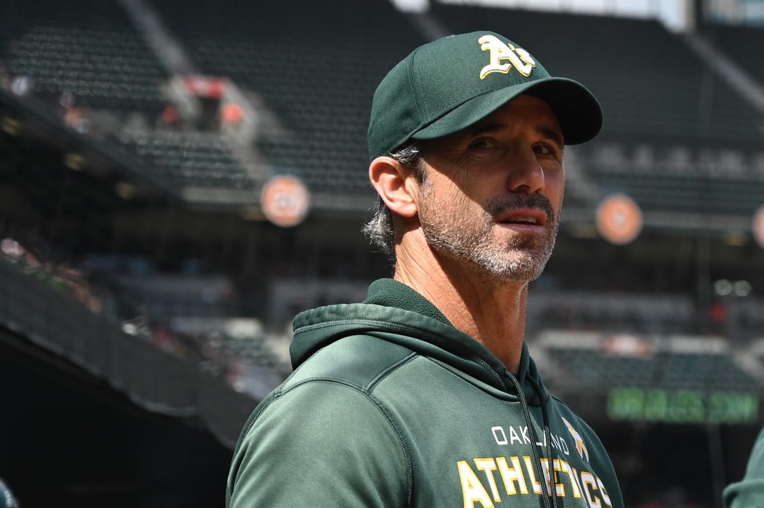 Sep 4, 2022; Baltimore, Maryland, USA;  Oakland Athletics bench coach Brad Ausmus (16) looks onto the field during the first inning against the Baltimore Orioles at Oriole Park at Camden Yards. Mandatory Credit: Tommy Gilligan-USA TODAY Sports
