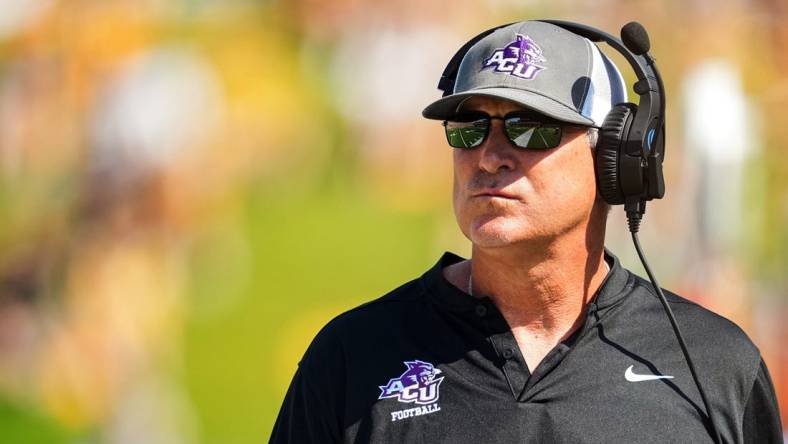 Sep 17, 2022; Columbia, Missouri, USA; Abilene Christian Wildcats head coach Keith Patterson looks on during the first half against the Missouri Tigers at Faurot Field at Memorial Stadium. Mandatory Credit: Jay Biggerstaff-USA TODAY Sports