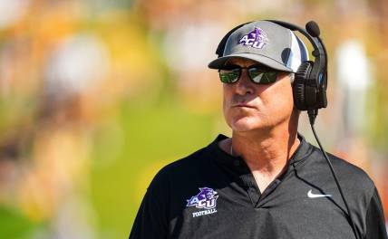 Sep 17, 2022; Columbia, Missouri, USA; Abilene Christian Wildcats head coach Keith Patterson looks on during the first half against the Missouri Tigers at Faurot Field at Memorial Stadium. Mandatory Credit: Jay Biggerstaff-USA TODAY Sports