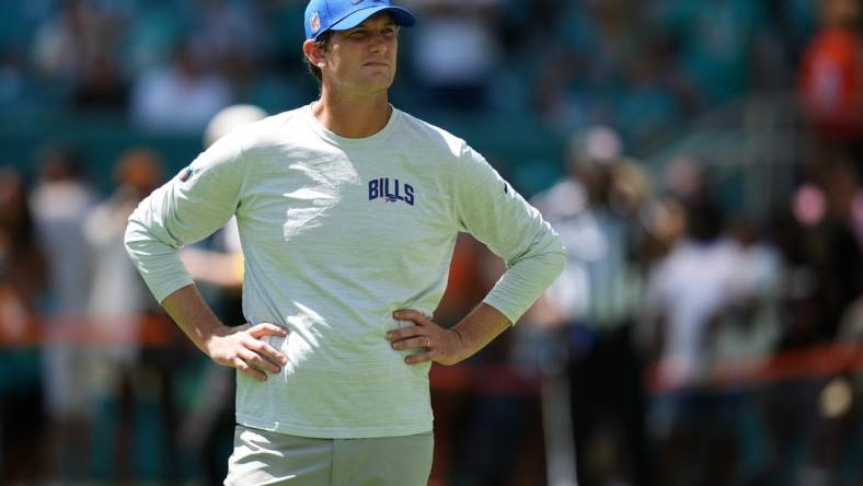 Sep 25, 2022; Miami Gardens, Florida, USA; Buffalo Bills offensive coordinator Ken Dorsey stands on the field prior to the game between the Miami Dolphins and the Buffalo Bills at Hard Rock Stadium. Mandatory Credit: Jasen Vinlove-USA TODAY Sports