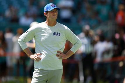 Sep 25, 2022; Miami Gardens, Florida, USA; Buffalo Bills offensive coordinator Ken Dorsey stands on the field prior to the game between the Miami Dolphins and the Buffalo Bills at Hard Rock Stadium. Mandatory Credit: Jasen Vinlove-USA TODAY Sports