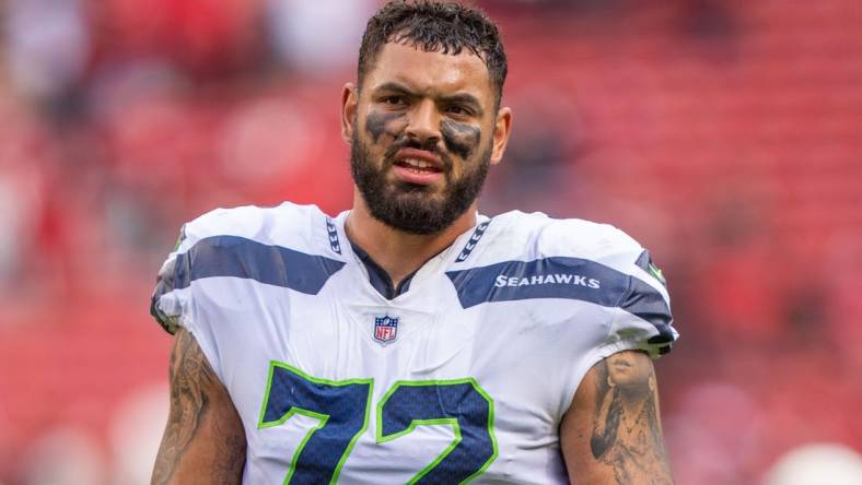 September 18, 2022; Santa Clara, California, USA; Seattle Seahawks offensive tackle Abraham Lucas (72) after the game against the San Francisco 49ers at Levi's Stadium. Mandatory Credit: Kyle Terada-USA TODAY Sports