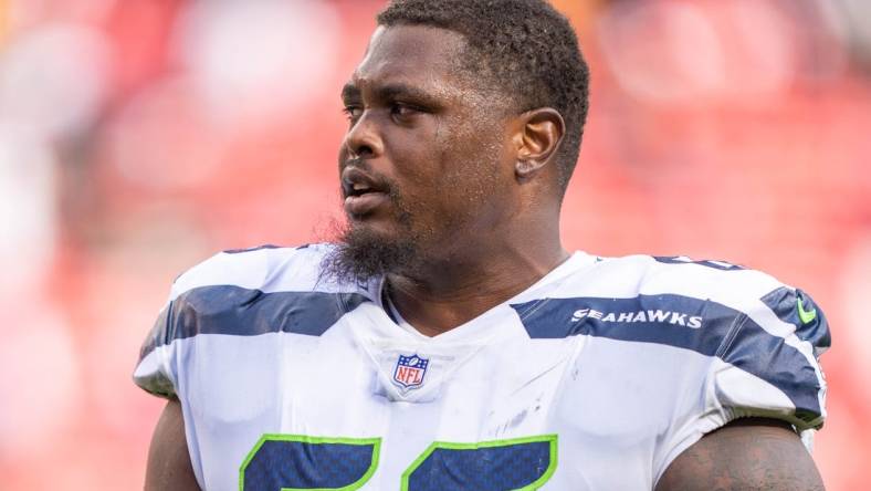 September 18, 2022; Santa Clara, California, USA; Seattle Seahawks guard Gabe Jackson (66) after the game against the San Francisco 49ers at Levi's Stadium. Mandatory Credit: Kyle Terada-USA TODAY Sports