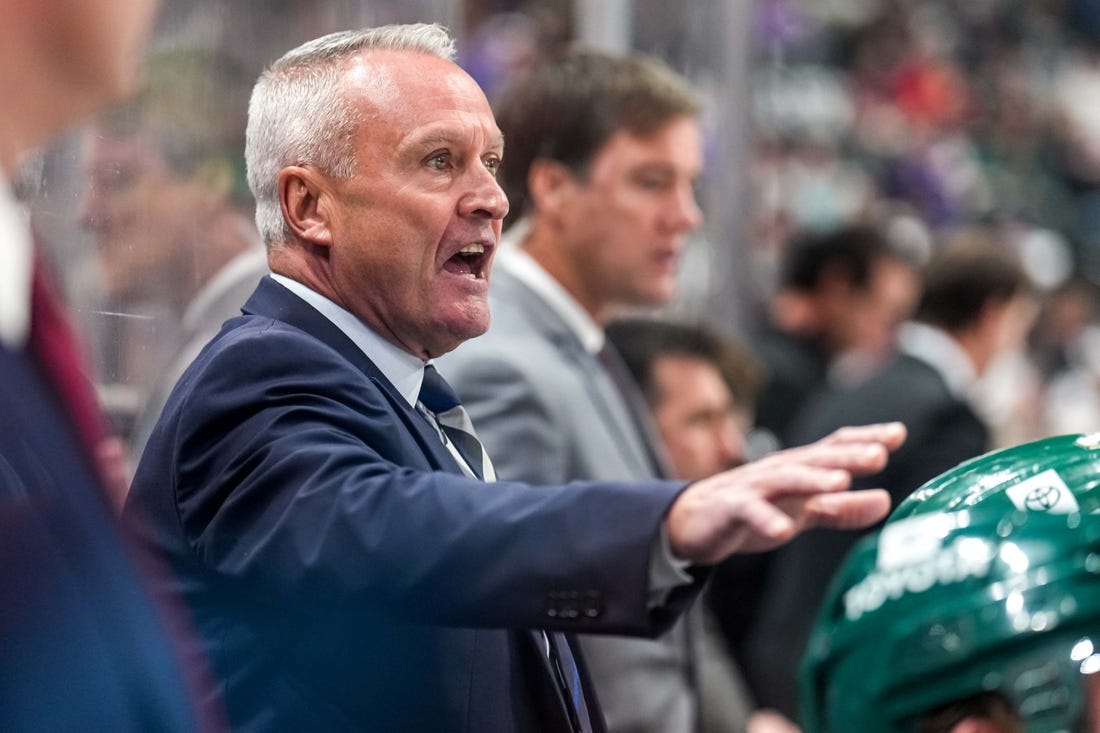 Oct 13, 2022; Saint Paul, Minnesota, USA; Minnesota Wild head coach Dean Evason looks on during the second period against the Minnesota Wild at Xcel Energy Center. Mandatory Credit: Brace Hemmelgarn-USA TODAY Sports