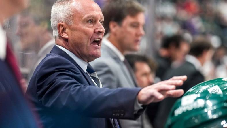 Oct 13, 2022; Saint Paul, Minnesota, USA; Minnesota Wild head coach Dean Evason looks on during the second period against the Minnesota Wild at Xcel Energy Center. Mandatory Credit: Brace Hemmelgarn-USA TODAY Sports