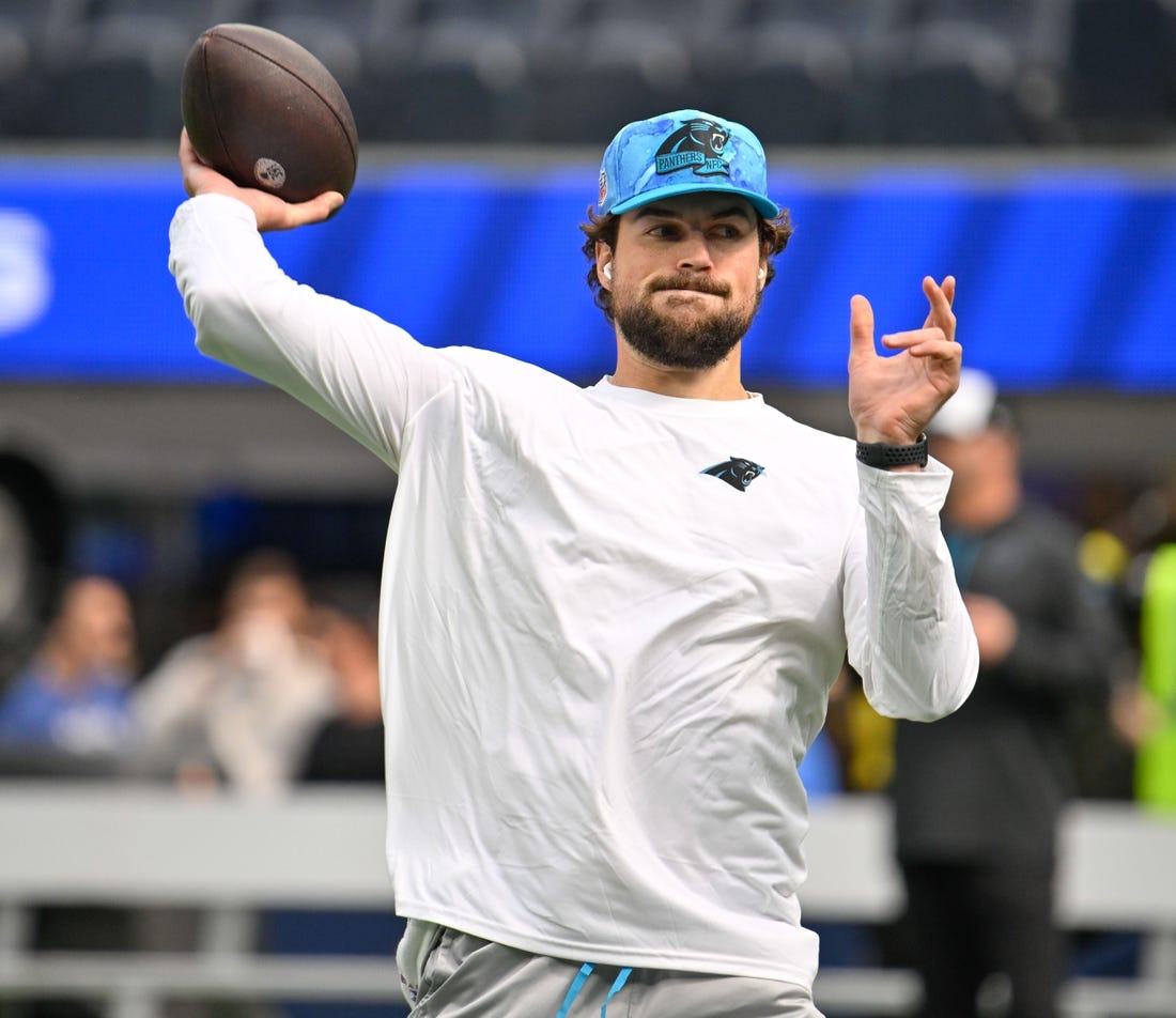 Oct 16, 2022; Inglewood, California, USA; Carolina Panthers quarterback Jacob Eason (16) during pregame warmups before an NFL game against the Los Angeles Rams at SoFi Stadium. Mandatory Credit: Robert Hanashiro-USA TODAY Sports