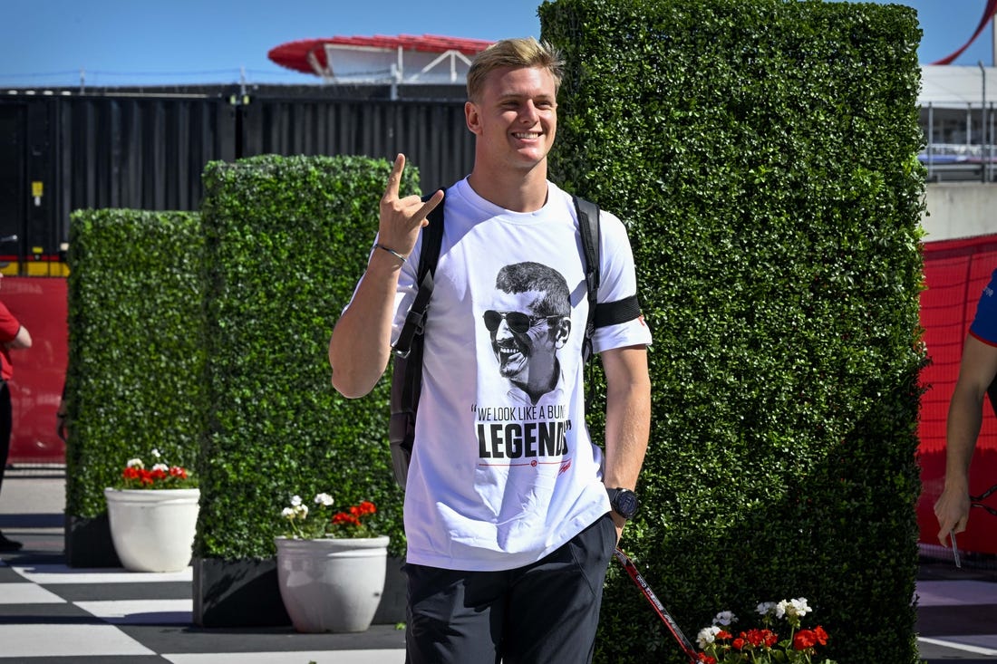 Oct 21, 2022; Austin, Texas, USA; Haas F1 Team driver Mick Schumacher (47) arrives for practice for the U.S. Grand Prix at the Circuit of the Americas. Mandatory Credit: Jerome Miron-USA TODAY Sports