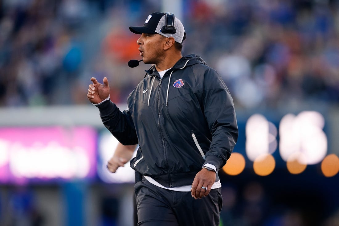 Oct 22, 2022; Colorado Springs, Colorado, USA; Boise State Broncos head coach Andy Avalos looks on in the first quarter against the Air Force Falcons at Falcon Stadium. Mandatory Credit: Isaiah J. Downing-USA TODAY Sports