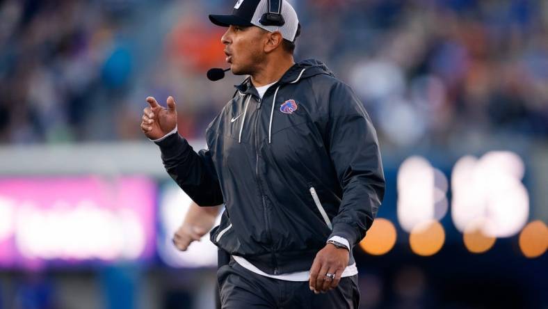 Oct 22, 2022; Colorado Springs, Colorado, USA; Boise State Broncos head coach Andy Avalos looks on in the first quarter against the Air Force Falcons at Falcon Stadium. Mandatory Credit: Isaiah J. Downing-USA TODAY Sports