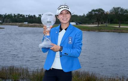 Lydia Ko with the new players jacket and trophy after winning the 2022 CME Group Tour Golf Championship at the Tiburon Golf Club in Naples, Fla., Sunday, Nov. 20, 2022.  (Chris Tilley)

Lpga 14