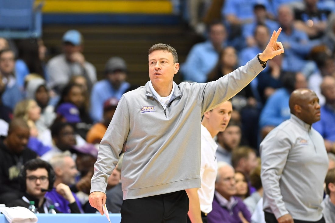 Nov 20, 2022; Chapel Hill, North Carolina, USA; James Madison Dukes head coach Mark Byington reacts in the second half at Dean E. Smith Center. Mandatory Credit: Bob Donnan-USA TODAY Sports