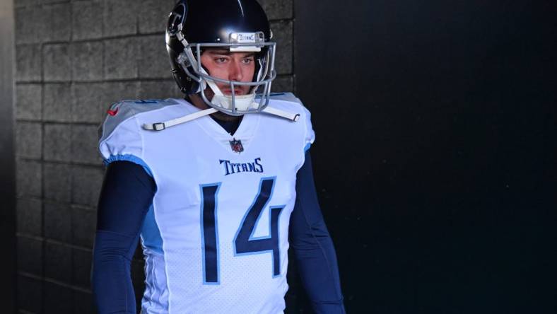 Dec 4, 2022; Philadelphia, Pennsylvania, USA; Tennessee Titans place kicker Randy Bullock (14) walks out of the tunnel against the Philadelphia Eagles at Lincoln Financial Field. Mandatory Credit: Eric Hartline-USA TODAY Sports