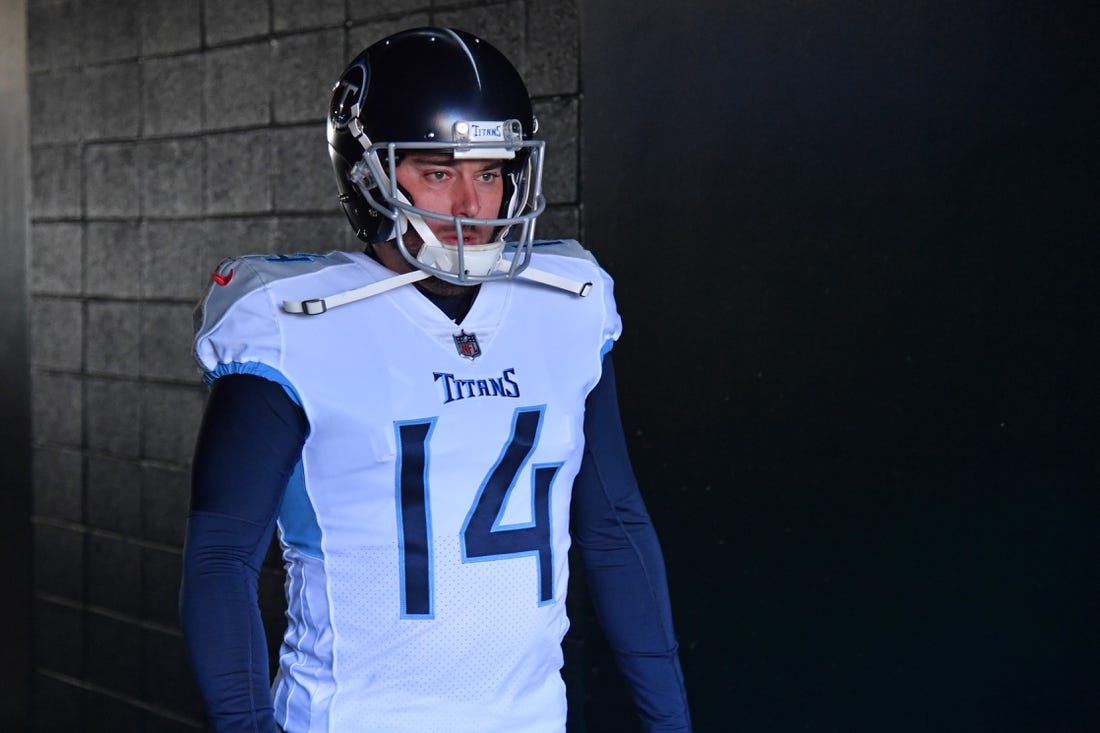 Dec 4, 2022; Philadelphia, Pennsylvania, USA; Tennessee Titans place kicker Randy Bullock (14) walks out of the tunnel against the Philadelphia Eagles at Lincoln Financial Field. Mandatory Credit: Eric Hartline-USA TODAY Sports