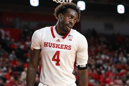 Dec 10, 2022; Lincoln, Nebraska, USA;  Nebraska Cornhuskers forward Juwan Gary (4) reacts to a foul call in the game against the Purdue Boilermakers in the first half at Pinnacle Bank Arena. Mandatory Credit: Steven Branscombe-USA TODAY Sports