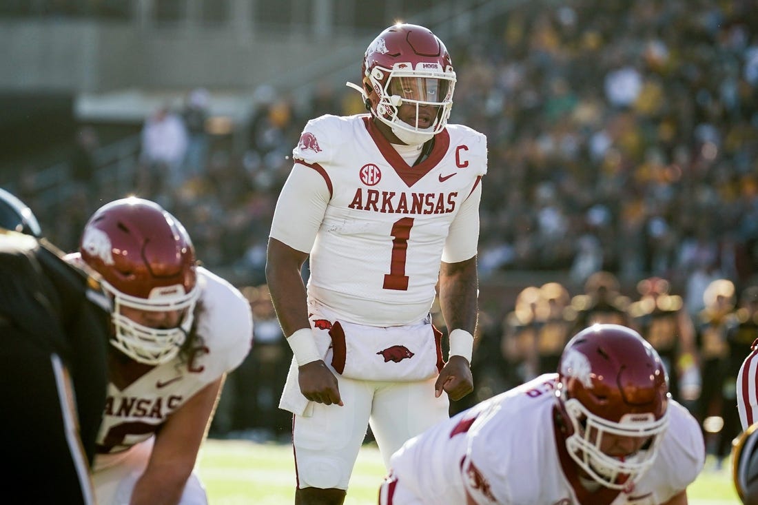 Nov 25, 2022; Columbia, Missouri, USA; Arkansas Razorbacks quarterback KJ Jefferson (1) against the Missouri Tigers during the game at Faurot Field at Memorial Stadium. Mandatory Credit: Denny Medley-USA TODAY Sports