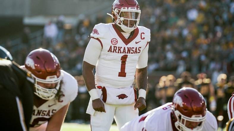 Nov 25, 2022; Columbia, Missouri, USA; Arkansas Razorbacks quarterback KJ Jefferson (1) against the Missouri Tigers during the game at Faurot Field at Memorial Stadium. Mandatory Credit: Denny Medley-USA TODAY Sports