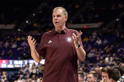 Dec 17, 2022; Baton Rouge, Louisiana, USA;  Winthrop Eagles head coach Mark Prosser reacts during the first half against the LSU Tigers at Pete Maravich Assembly Center. Mandatory Credit: Stephen Lew-USA TODAY Sports