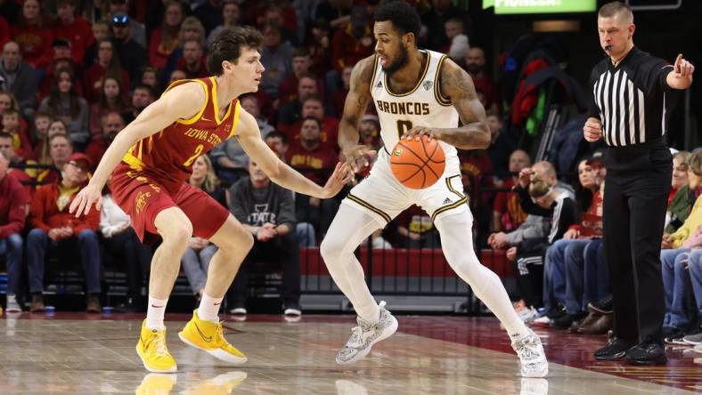 Dec 18, 2022; Ames, Iowa, USA; Iowa State Cyclones guard Caleb Grill (2) defends Western Michigan Broncos forward Markeese Hastings (0) at James H. Hilton Coliseum. The Cyclones beat the Bronco   s 73 to 57.  Mandatory Credit: Reese Strickland-USA TODAY Sports