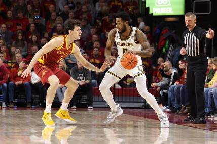 Dec 18, 2022; Ames, Iowa, USA; Iowa State Cyclones guard Caleb Grill (2) defends Western Michigan Broncos forward Markeese Hastings (0) at James H. Hilton Coliseum. The Cyclones beat the Bronco   s 73 to 57.  Mandatory Credit: Reese Strickland-USA TODAY Sports