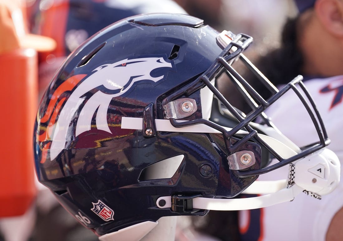 Jan 1, 2023; Kansas City, Missouri, USA; A general view of a Denver Broncos helmet during the first half against the Kansas City Chiefs at GEHA Field at Arrowhead Stadium. Mandatory Credit: Denny Medley-USA TODAY Sports