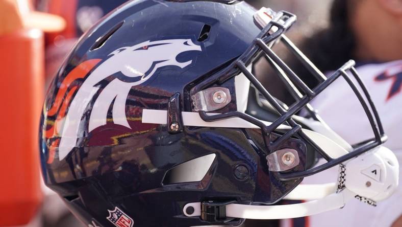 Jan 1, 2023; Kansas City, Missouri, USA; A general view of a Denver Broncos helmet during the first half against the Kansas City Chiefs at GEHA Field at Arrowhead Stadium. Mandatory Credit: Denny Medley-USA TODAY Sports