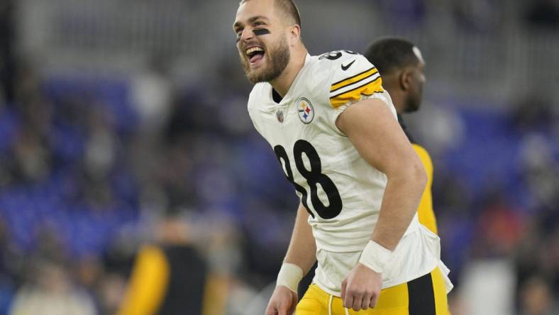 Jan 1, 2023; Baltimore, Maryland, USA; Pittsburgh Steelers tight end Pat Freiermuth (88) smiles before the game against the Baltimore Ravens at M&T Bank Stadium. Mandatory Credit: Jessica Rapfogel-USA TODAY Sports