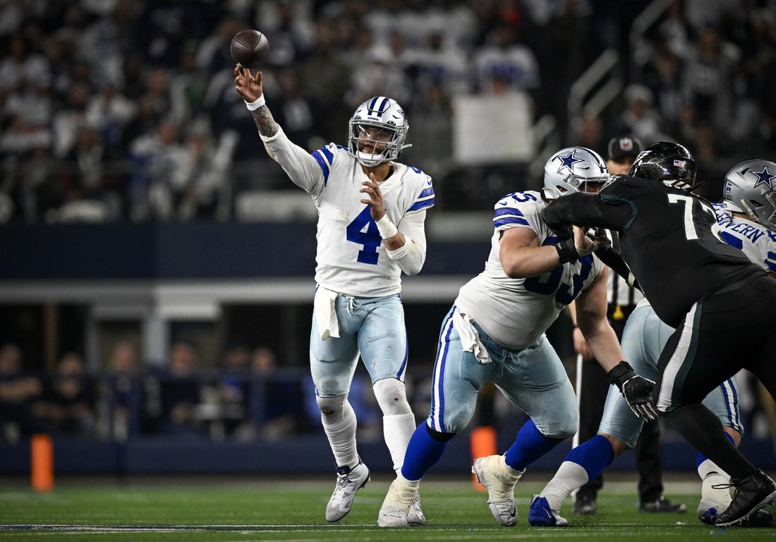 Dec 24, 2022; Arlington, Texas, USA; Dallas Cowboys quarterback Dak Prescott (4) in action during the game between the Dallas Cowboys and the Philadelphia Eagles at AT&T Stadium. Mandatory Credit: Jerome Miron-USA TODAY Sports