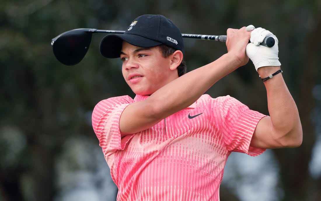 Dec 17, 2022; Orlando, Florida, USA;  Charlie woods hits his tee shot on the 10th hole during the first round of the PNC Championship golf tournament at Ritz Carlton Golf Club Grande Lakes Orlando Course. Mandatory Credit: Reinhold Matay-USA TODAY Sports