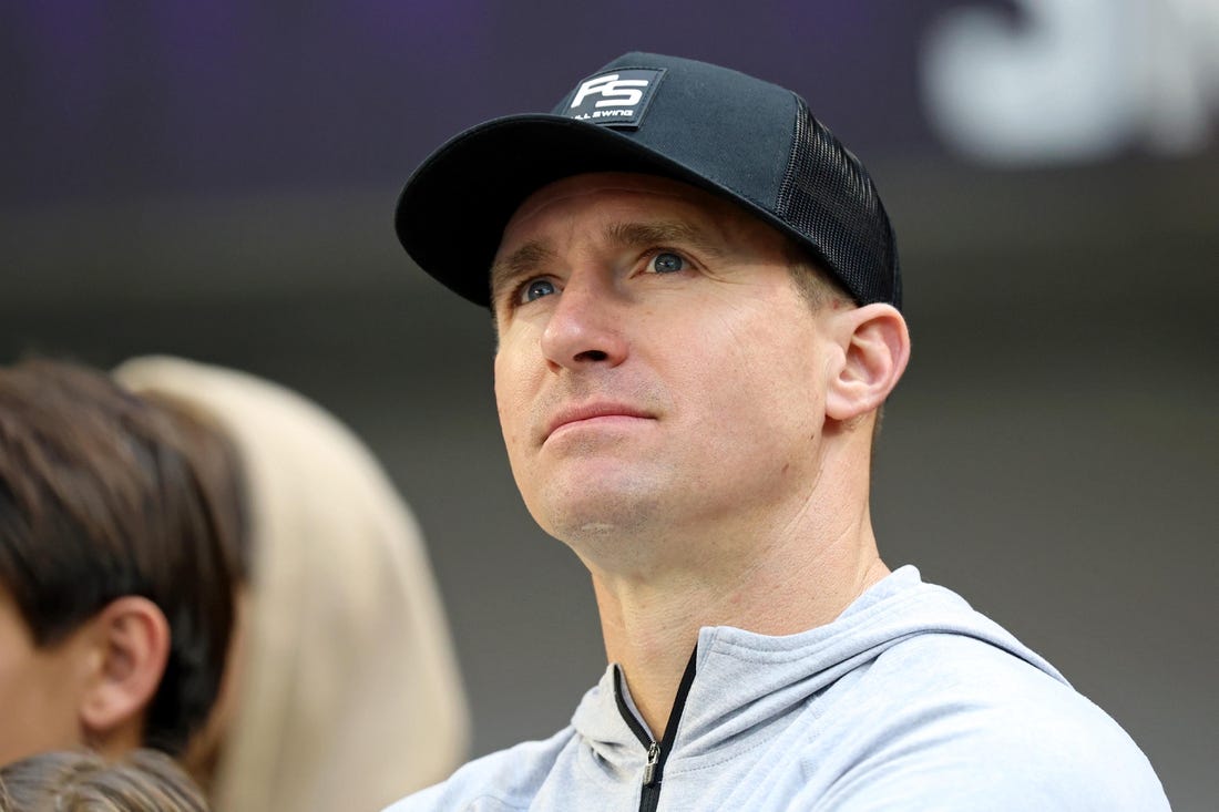 Jan 15, 2023; Minneapolis, Minnesota, USA; NFL former quarterback Drew Brees looks on before a wild card game between the Minnesota Vikings and the New York Giants at U.S. Bank Stadium. Mandatory Credit: Matt Krohn-USA TODAY Sports