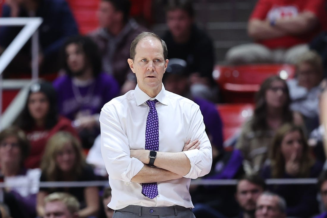 Jan 21, 2023; Salt Lake City, Utah, USA; Washington Huskies head coach Mike Hopkins looks on against the Utah Utes in the second half at Jon M. Huntsman Center. Mandatory Credit: Rob Gray-USA TODAY Sports