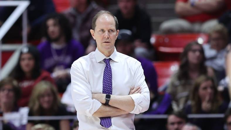 Jan 21, 2023; Salt Lake City, Utah, USA; Washington Huskies head coach Mike Hopkins looks on against the Utah Utes in the second half at Jon M. Huntsman Center. Mandatory Credit: Rob Gray-USA TODAY Sports