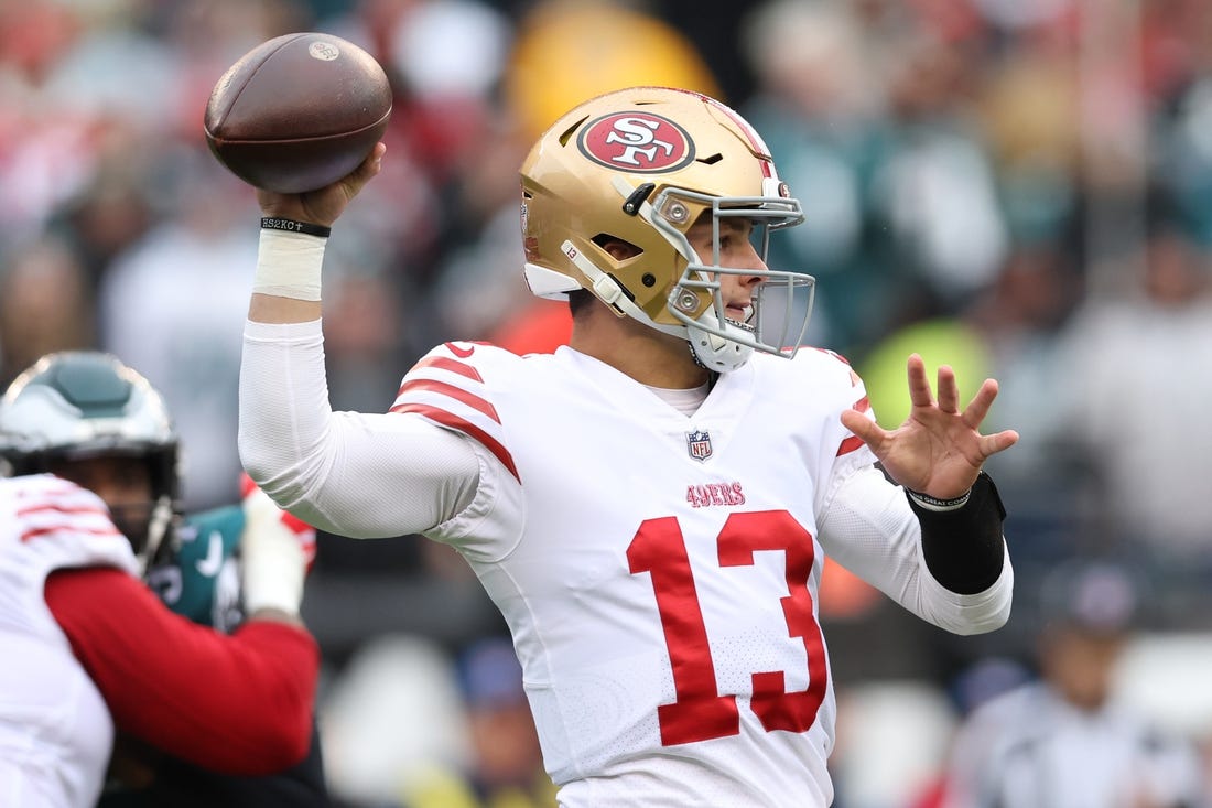 Jan 29, 2023; Philadelphia, Pennsylvania, USA; San Francisco 49ers quarterback Brock Purdy (13) throws a pass against the Philadelphia Eagles during the first quarter in the NFC Championship game at Lincoln Financial Field. Mandatory Credit: Bill Streicher-USA TODAY Sports