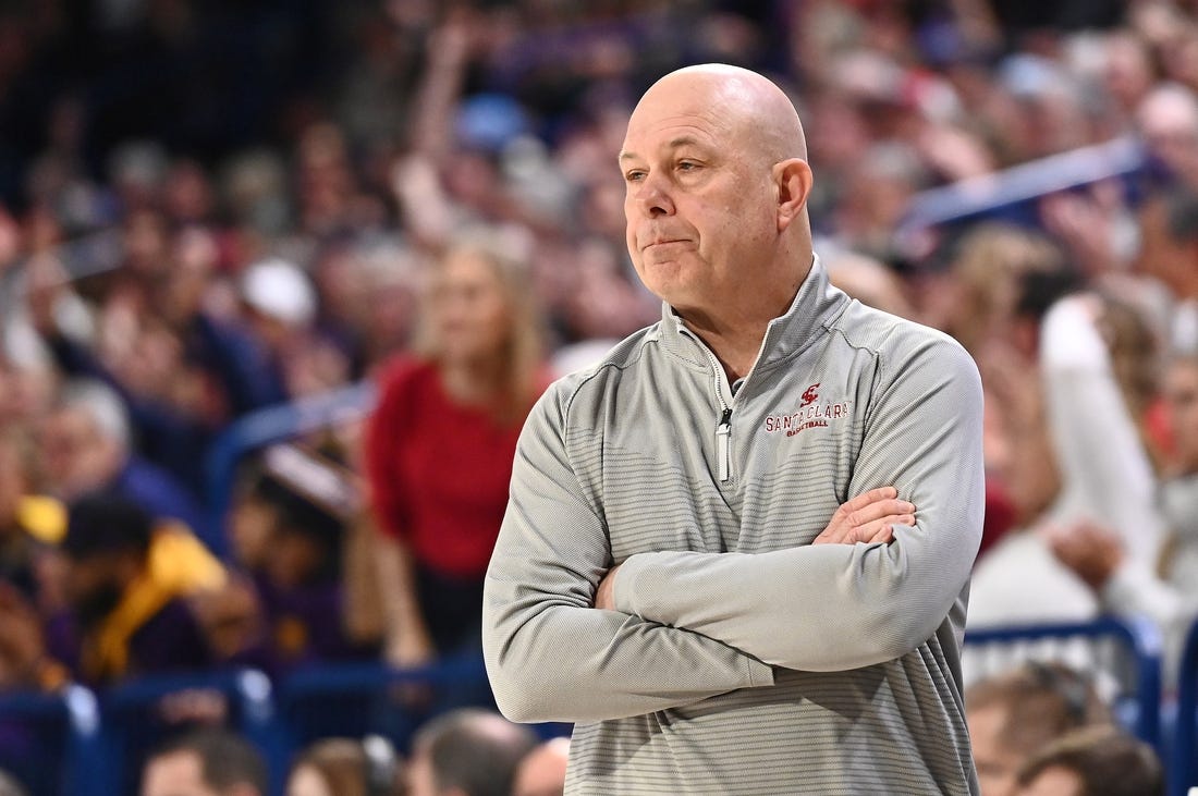 Feb 2, 2023; Spokane, Washington, USA; Santa Clara Broncos head coach Herb Sendek looks on against the Gonzaga Bulldogs in the first half at McCarthey Athletic Center. Mandatory Credit: James Snook-USA TODAY Sports