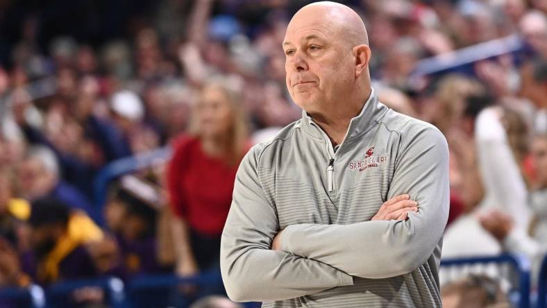 Feb 2, 2023; Spokane, Washington, USA; Santa Clara Broncos head coach Herb Sendek looks on against the Gonzaga Bulldogs in the first half at McCarthey Athletic Center. Mandatory Credit: James Snook-USA TODAY Sports